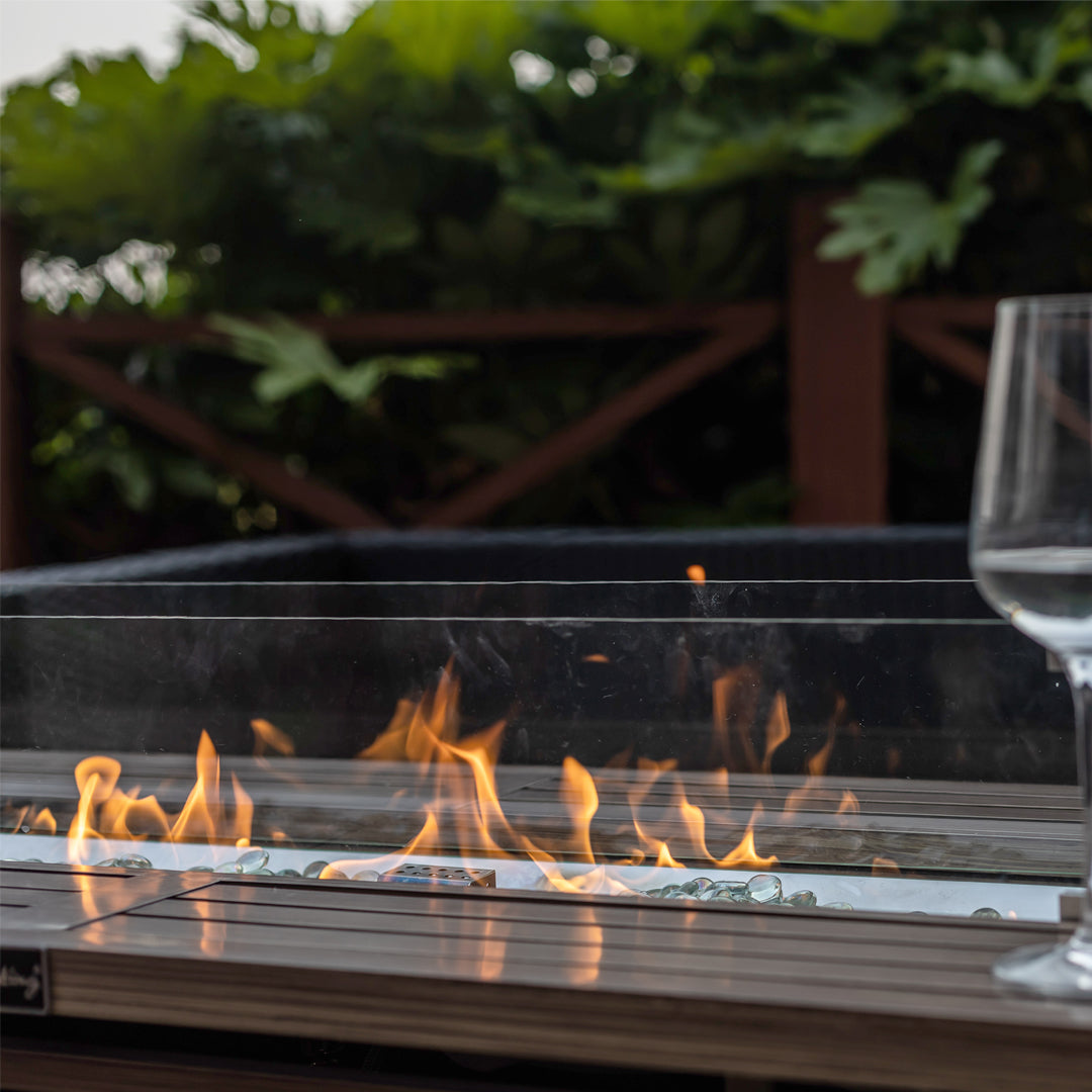 Rectangular Fire Pit Table With Stainless Steel Burner & Glass Wind Guard - Brushed Yellow Wood