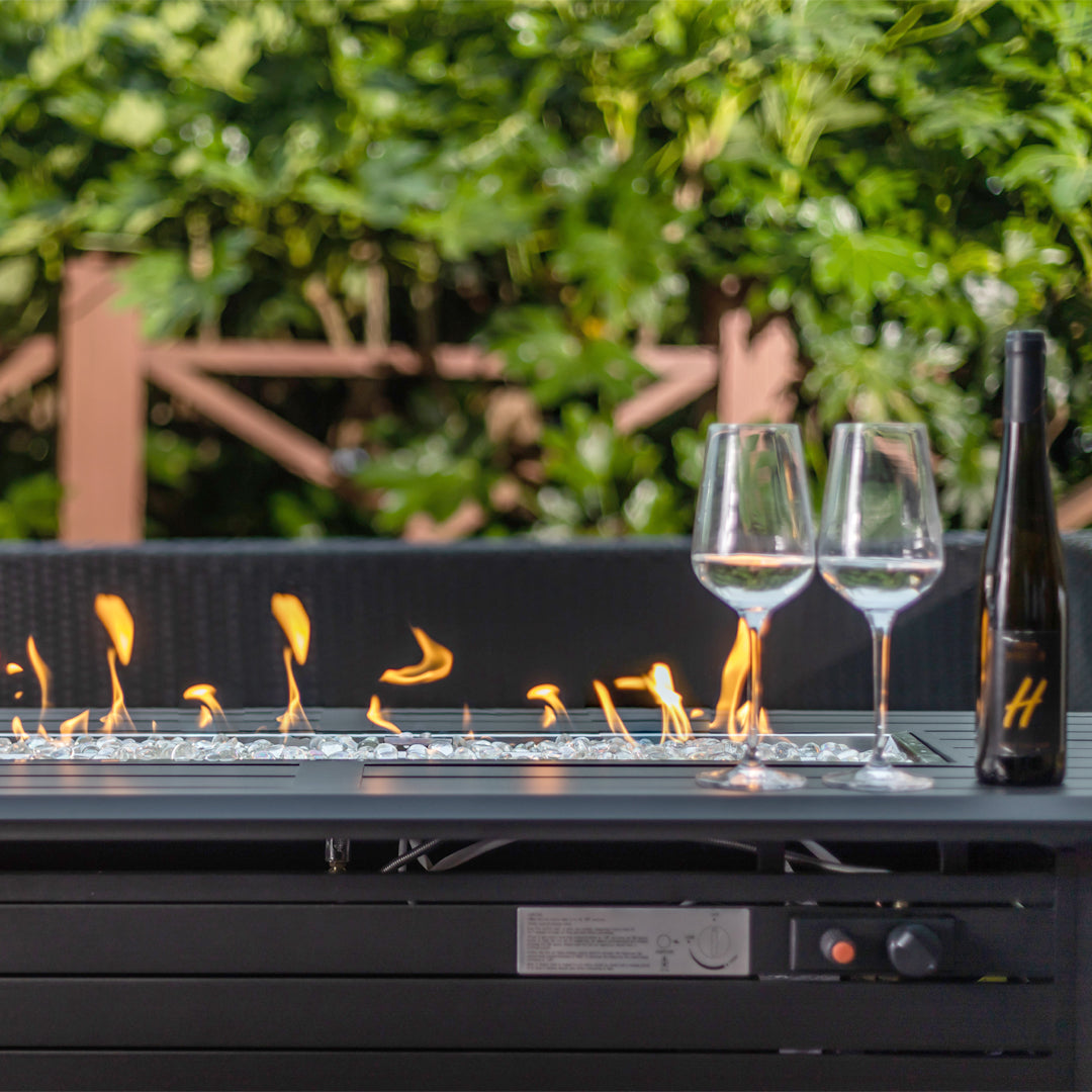 Rectangular Fire Pit Table With Stainless Steel Burner & Glass Wind Guard - Brushed Yellow Wood