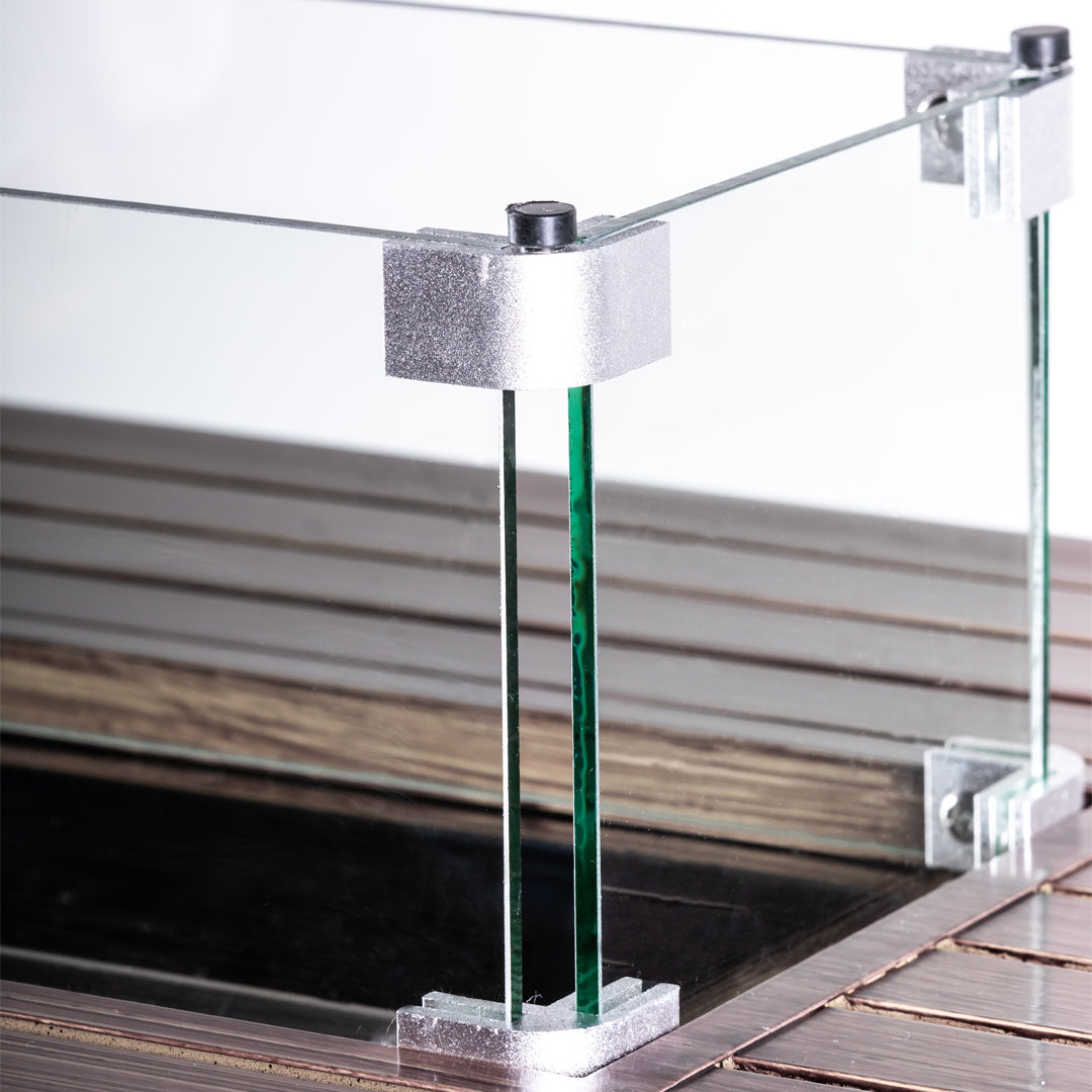 Rectangular Fire Pit Table With Stainless Steel Burner & Glass Wind Guard - Brushed Yellow Wood