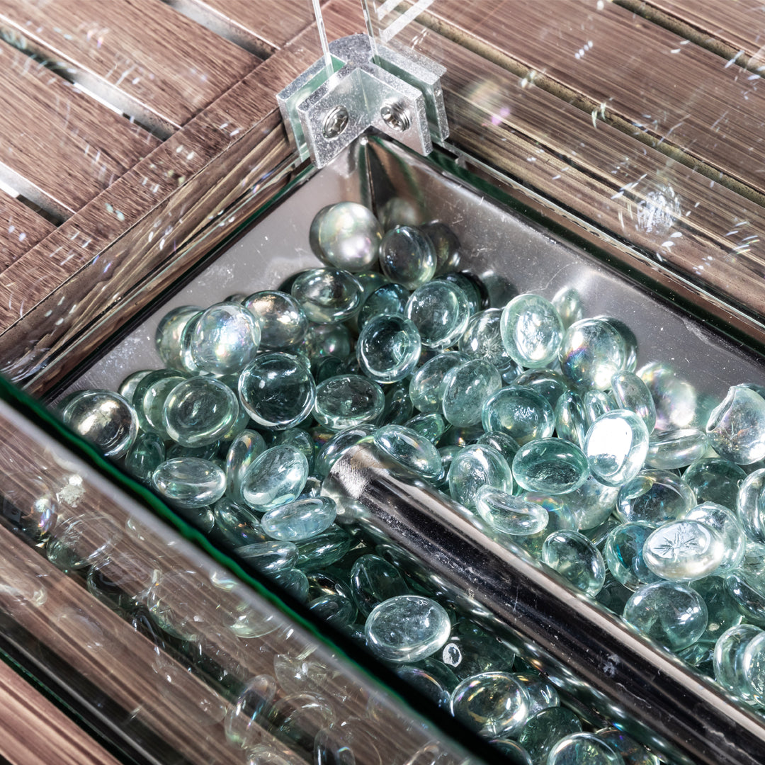 Rectangular Fire Pit Table With Stainless Steel Burner & Glass Wind Guard - Brushed Yellow Wood