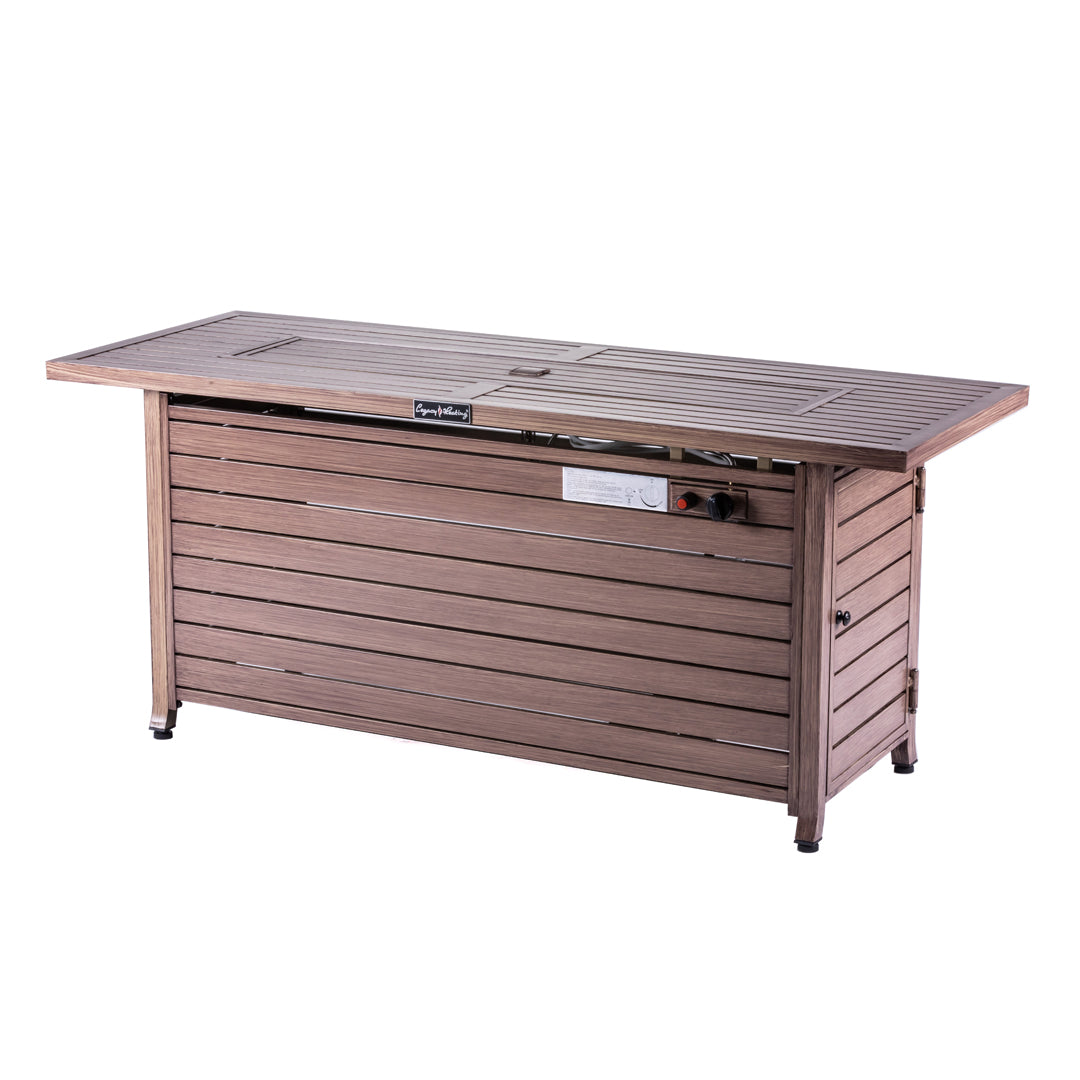 Rectangular Fire Pit Table With Stainless Steel Burner & Glass Wind Guard - Brushed Yellow Wood