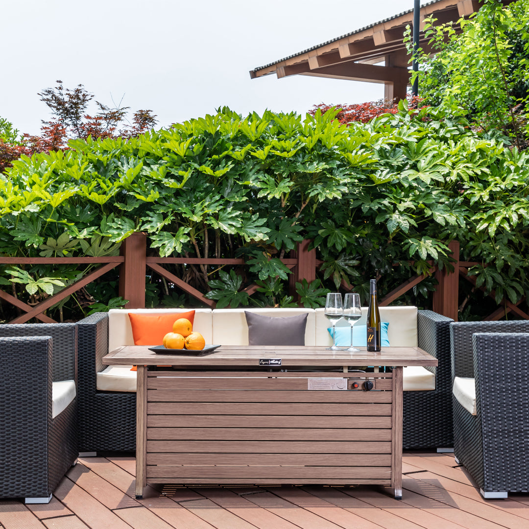 Rectangular Fire Pit Table With Stainless Steel Burner & Glass Wind Guard - Brushed Yellow Wood