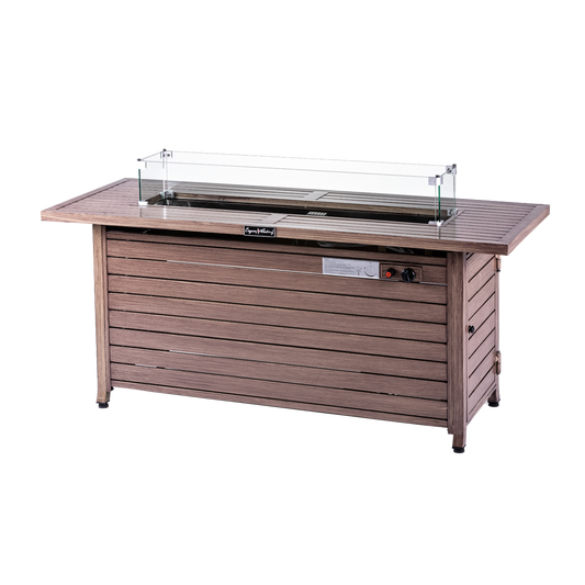 Rectangular Fire Pit Table With Stainless Steel Burner & Glass Wind Guard - Brushed Yellow Wood