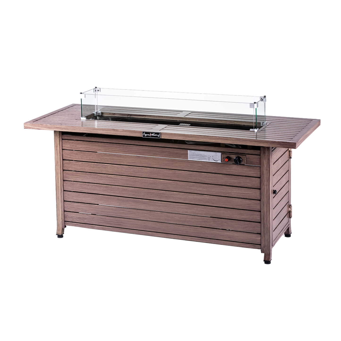 Rectangular Fire Pit Table With Stainless Steel Burner & Glass Wind Guard - Brushed Yellow Wood