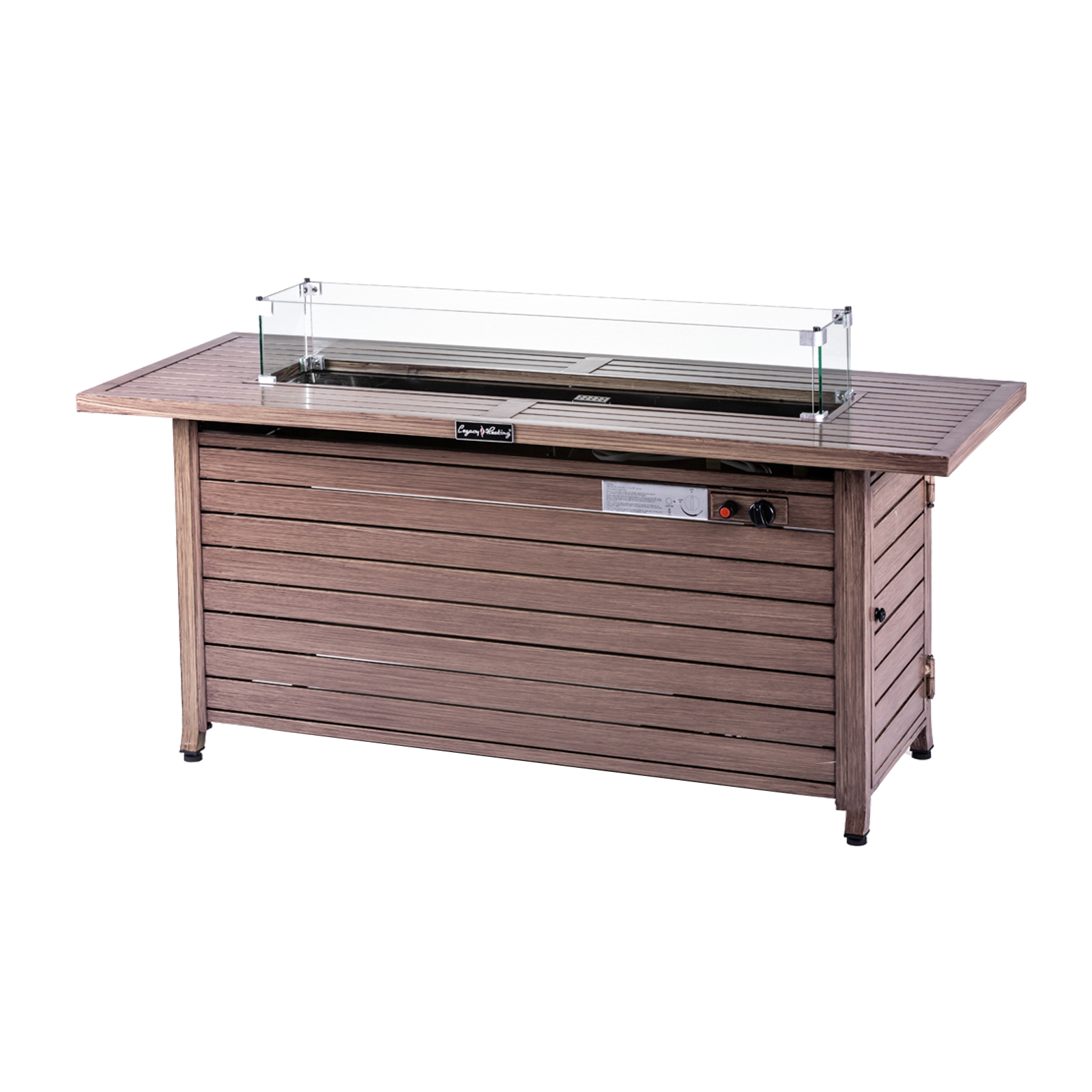 Rectangular Fire Pit Table With Stainless Steel Burner & Glass Wind Guard - Brushed Yellow Wood