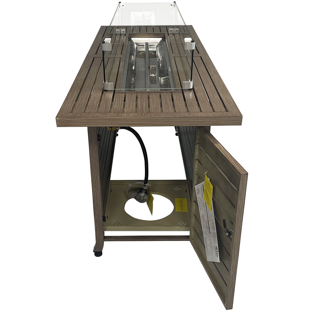 Rectangular Fire Pit Table With Stainless Steel Burner & Glass Wind Guard - Brushed Yellow Wood