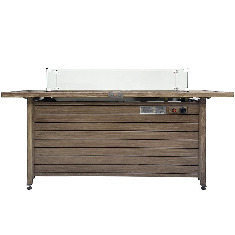 Rectangular Fire Pit Table With Stainless Steel Burner & Glass Wind Guard - Brushed Yellow Wood