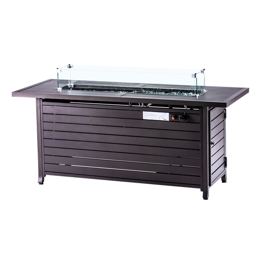 Rectangular Fire Pit Table With Stainless Steel Burner & Glass Wind Guard - Mocha