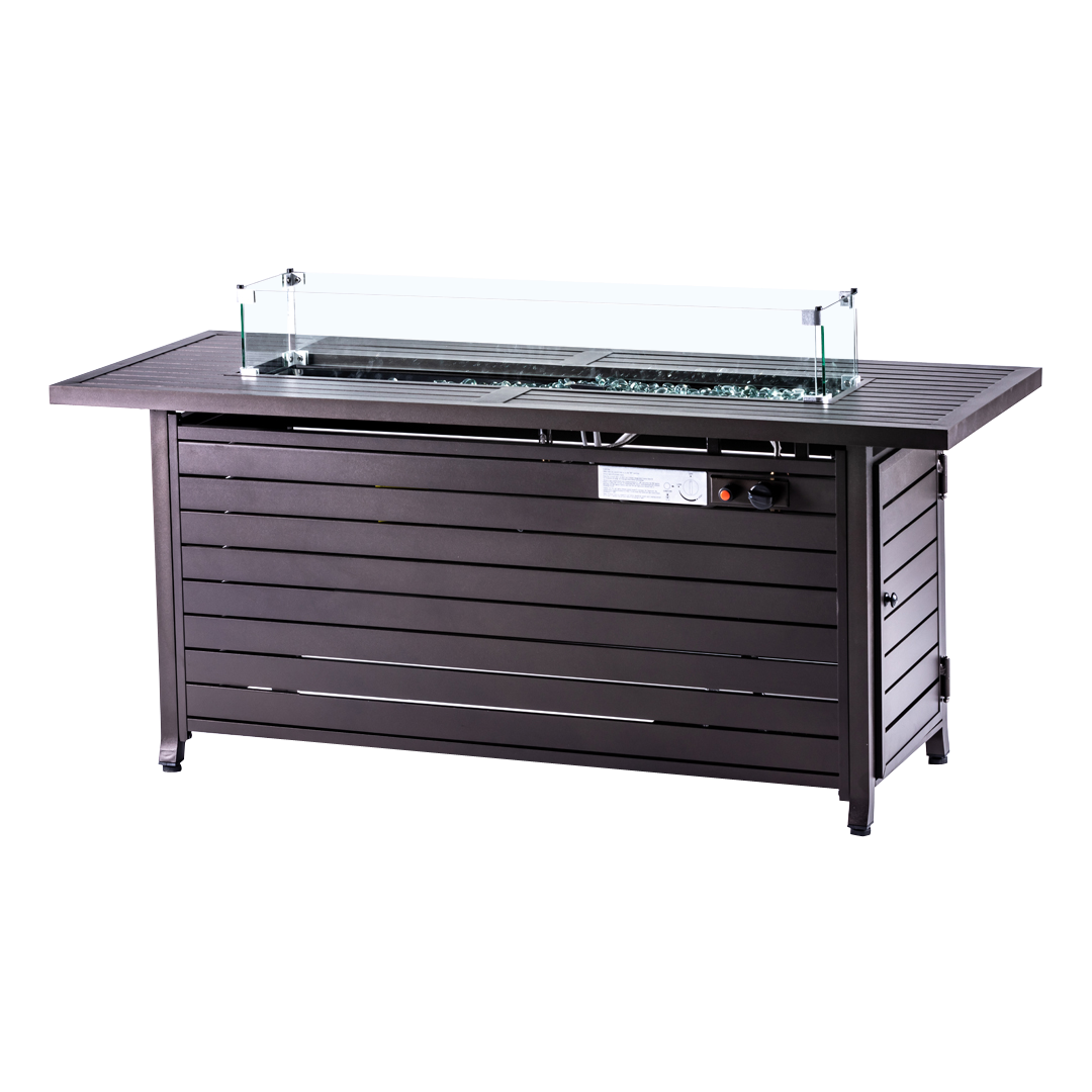 Rectangular Fire Pit Table With Stainless Steel Burner & Glass Wind Guard - Mocha