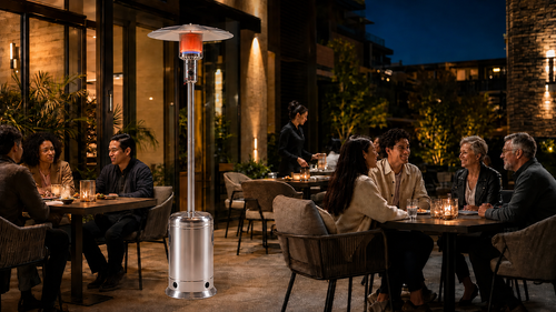 Legacy Heating CAPH-7-SS stainless steel standing patio heater providing warmth on a busy commercial restaurant terrace at night.