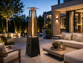 Legacy Heating CAPH-GT-S pyramid flame patio heater with a visible vertical flame installed on a modern outdoor patio for stylish backyard heating and ambiance.