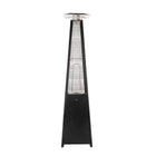 Front view of the Legacy Heating CAPH-GT-S N hammered black pyramid flame patio heater with a square reflector, glass flame tube, protective guard, and tapered base.
