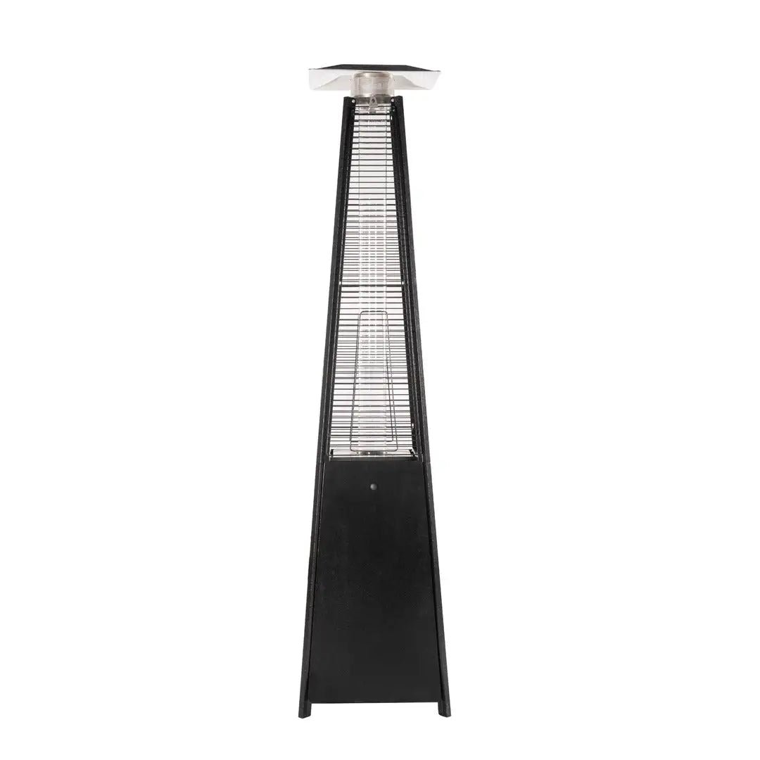 Front view of the Legacy Heating CAPH-GT-S N hammered black pyramid flame patio heater with a square reflector, glass flame tube, protective guard, and tapered base.