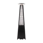 Rear view of the Legacy Heating CAPH-GT-S N hammered black pyramid flame patio heater showing the glass flame tube, protective guard, and bottom wheels.