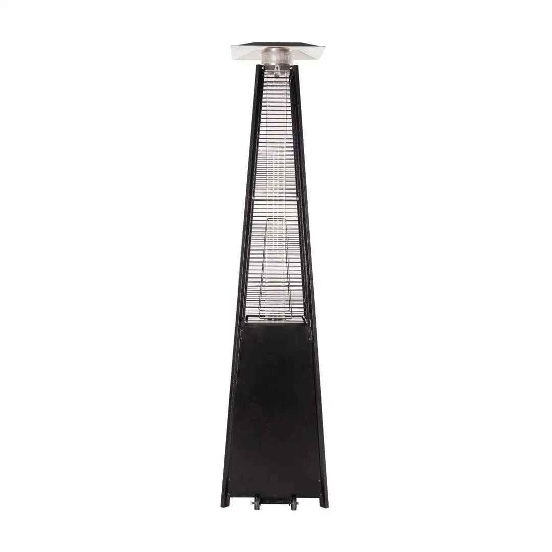 Rear view of the Legacy Heating CAPH-GT-S N hammered black pyramid flame patio heater showing the glass flame tube, protective guard, and bottom wheels.