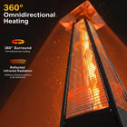 Low-angle view of the Legacy Heating CAPH-GT-S N pyramid propane patio heater with a tall glass-tube flame, illustrating 360-degree omnidirectional heating and reflected infrared radiation.