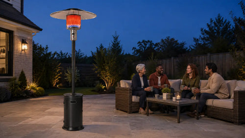 KD07-S standing patio heater positioned on a level backyard patio with clear space from furniture, walls, and overhead obstructions.