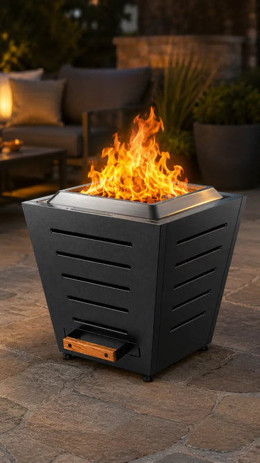 Close-up of the black LEGACY HEATING 20 Inch Slatted Smokeless Fire Pit with a wood fire, raised stainless steel fire ring and wood-handle ash pan.