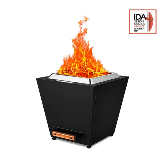 LEGACY HEATING 20 Inch Black Flat Smokeless Fire Pit with solid steel panels, brushed stainless steel fire ring, pull-out ash pan with wood handle, and active flame.