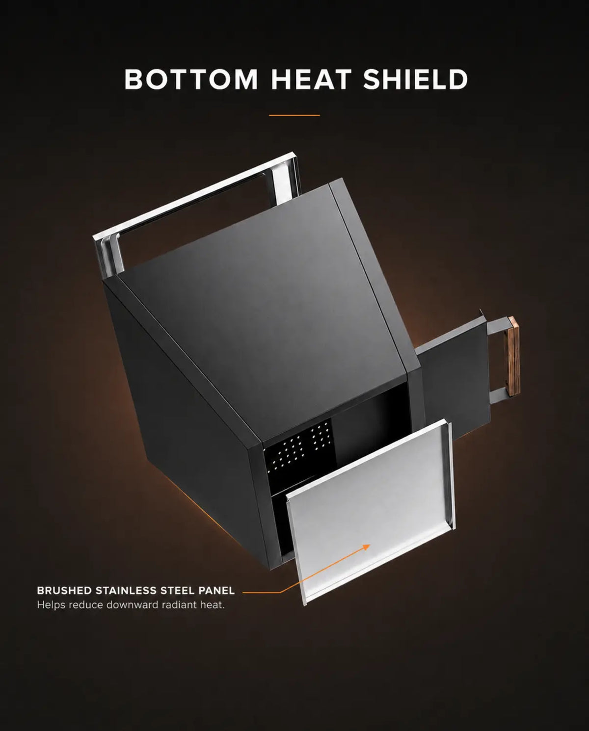 Exploded view of the black LEGACY HEATING 20-inch Flat Smokeless Fire Pit highlighting its brushed stainless steel bottom heat shield, designed to help reduce downward radiant heat.