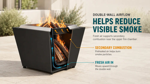 Cutaway view of the black LEGACY HEATING 20-inch Flat Smokeless Fire Pit showing fresh air moving through the double-wall cavity to support secondary combustion and help reduce visible smoke.