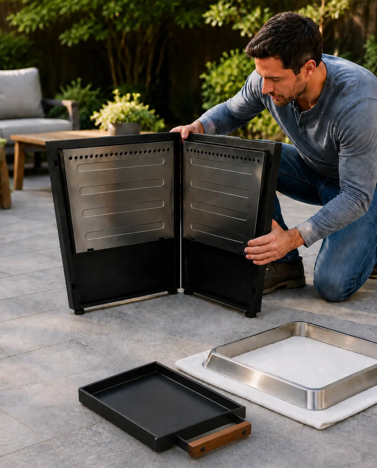 Adult aligns two prefabricated black steel side-panel modules during screw-free assembly of a LEGACY HEATING 20-inch Flat Smokeless Fire Pit, with the Fire Ring and pull-out ash pan nearby.