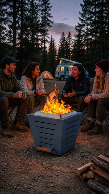 Four campers gather around a Haze Blue LEGACY HEATING 20-inch slatted smokeless fire pit at a designated gravel campsite at dusk.