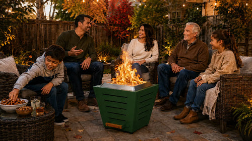 Five family members gather around a Legacy Heating 20-inch Jewel Green slatted smokeless fire pit in a small backyard during an early-autumn evening.
