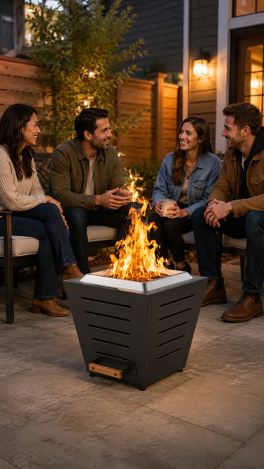 Four adults gather around a black LEGACY HEATING 20-inch slatted smokeless fire pit with five horizontal side cutouts on a warmly lit backyard patio.