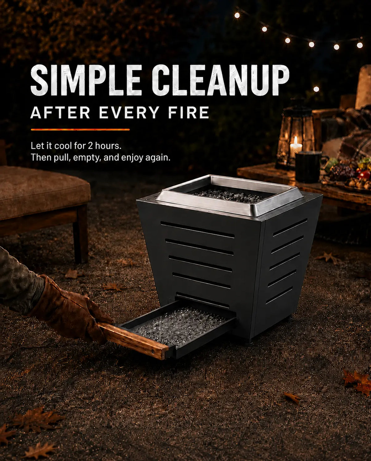 Legacy Heating 20-inch slatted smokeless fire pit with its pull-out ash pan extended for easy cleanup after cooling.