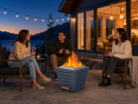 Three young guests relaxing around a 20-inch slatted smokeless fire pit on a mountain vacation rental patio at sunset.