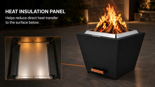 Legacy Heating 25-inch black flat smokeless fire pit with a lower-chassis inset showing the installed stainless steel heat insulation panel beneath the ash-pan area.