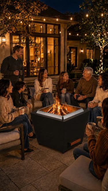 Family and friends gathered around a Legacy Heating 25-inch black flat smokeless fire pit with a wood fire on a warmly lit backyard patio after dark.