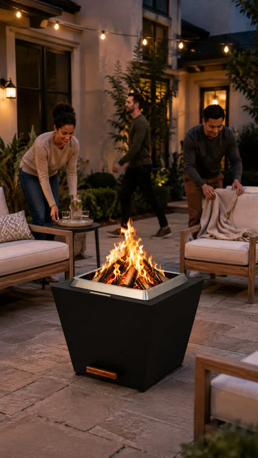 Legacy Heating 25-inch black flat smokeless fire pit with a natural wood fire on a blue-hour backyard patio as three adults prepare the seating area.