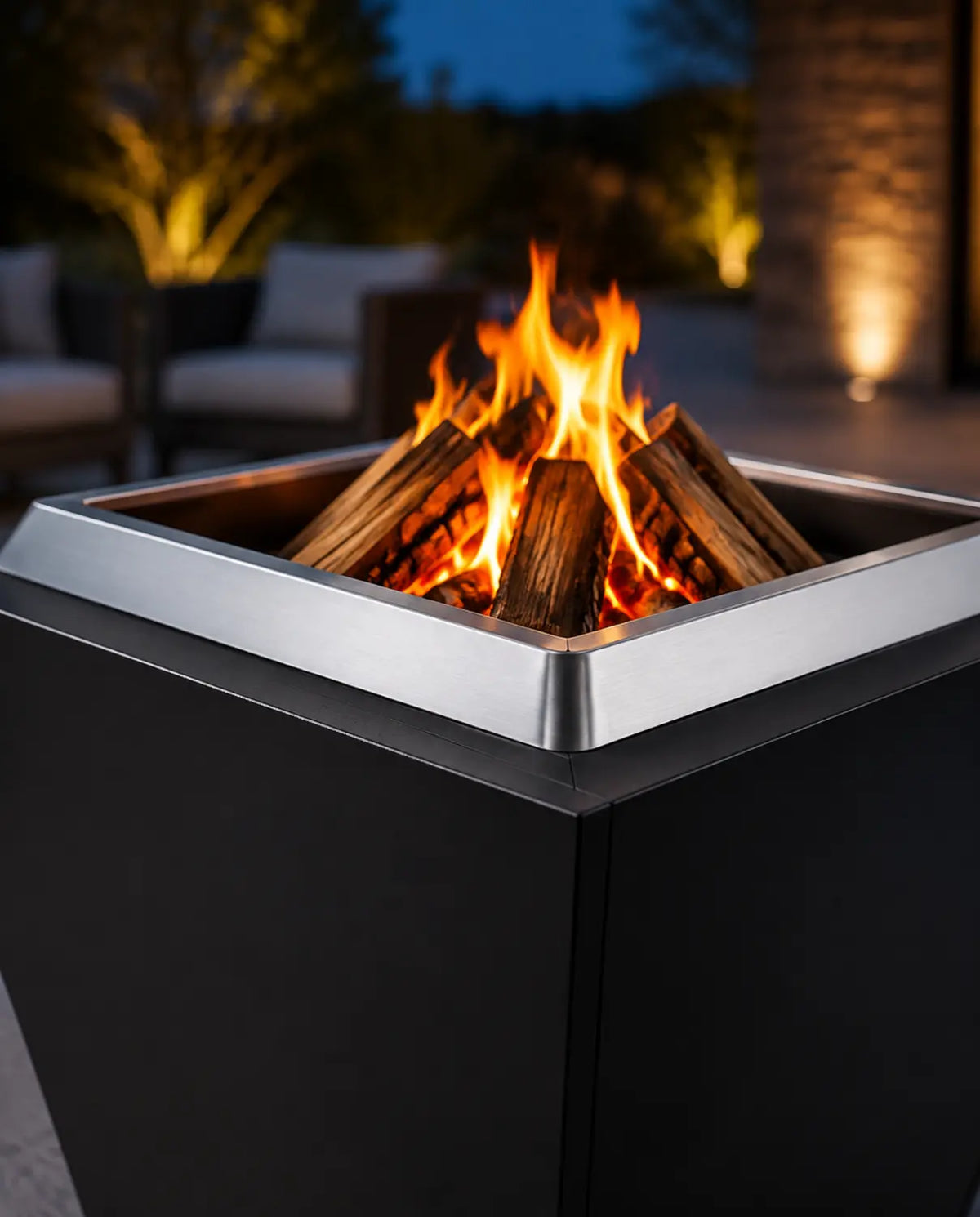Close-up of the LEGACY HEATING 25-inch Black Flat Smokeless Fire Pit with a thick faceted brushed stainless steel fire ring and neatly arranged burning hardwood logs on a softly lit evening patio.
