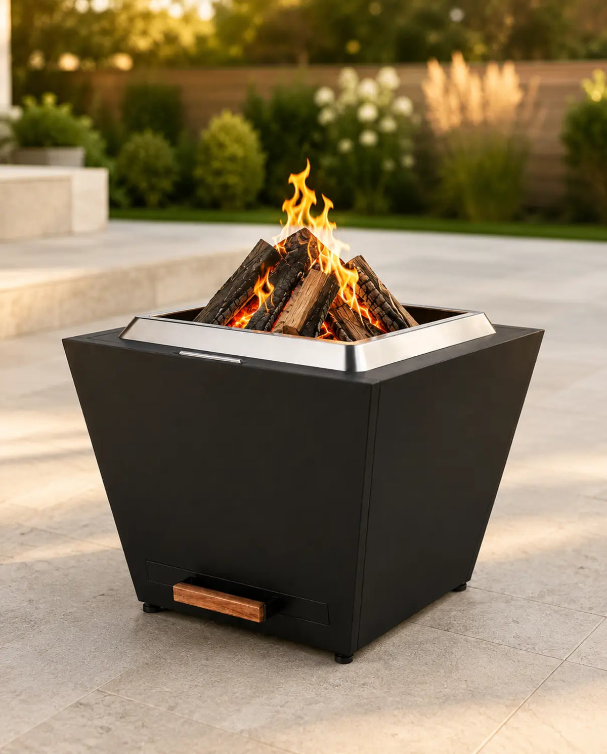 LEGACY HEATING 25 Inch Black Flat Smokeless Fire Pit with a raised brushed stainless steel fire ring and natural wood fire on a modern backyard patio.