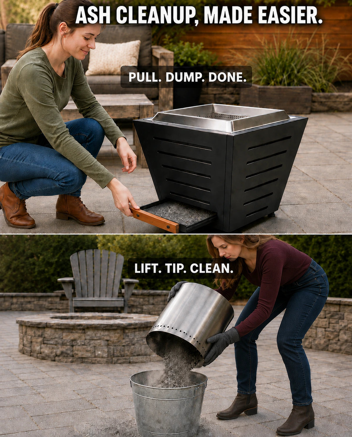Young woman pulling out the ash pan of a LEGACY HEATING 25-inch black slatted smokeless fire pit, highlighting easy ash cleanup without lifting or tipping the full fire pit.