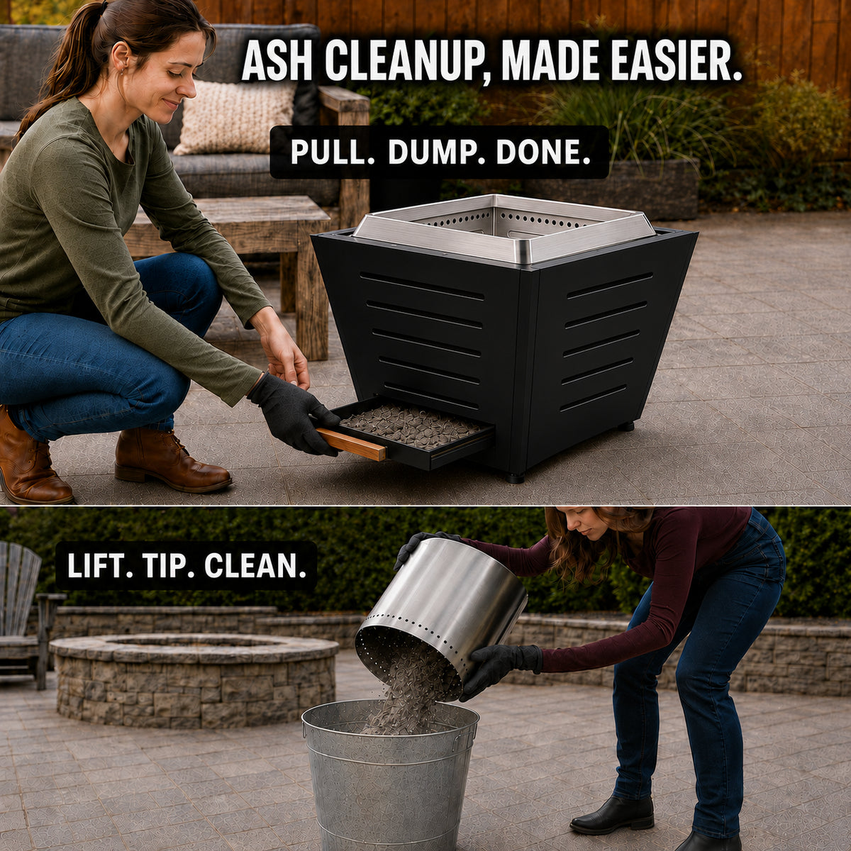 Woman using the pull-out ash pan of a LEGACY HEATING 25-inch black slatted smokeless fire pit for easier backyard cleanup, compared with lifting a traditional cylindrical fire pit insert.