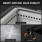 Close-up details of the LEGACY HEATING 25-inch black slatted smokeless fire pit showing secondary airflow holes, primary air intake and one of four adjustable feet for stable placement.