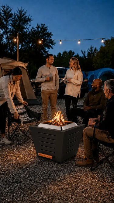LEGACY HEATING 25 Inch Black Slatted Smokeless Fire Pit with five horizontal slot cutouts per panel, burning firewood at an evening campsite surrounded by adults.