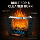 Cutaway airflow diagram of the LEGACY HEATING 25-inch black slatted smokeless fire pit showing bottom air intake, primary airflow, and secondary combustion for a cleaner, low-smoke wood fire.