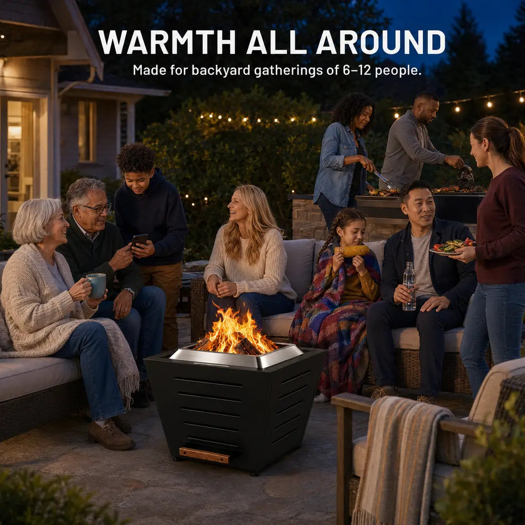 Nine family members, including grandparents and children, gather around a LEGACY HEATING 25-inch black slatted smokeless fire pit during a blue-hour backyard patio barbecue.