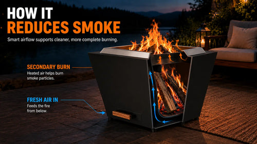 Cutaway airflow diagram of the Legacy Heating 25 inch black flat smokeless fire pit, showing its tapered solid steel body, wood fire chamber, lower air intake path, and secondary burn airflow.