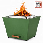 LEGACY HEATING 25 Inch Jewel Green Flat Smokeless Fire Pit with burning firewood, solid inverted-pyramid steel panels, a raised stainless steel fire ring, and a pull-out ash pan with a wooden handle.