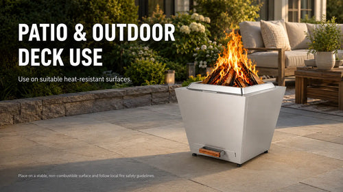 Legacy Heating 25 inch stainless steel flat smokeless fire pit burning on a bright stone patio, with guidance for suitable heat-resistant outdoor deck surfaces.
