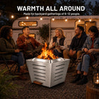Five adults gathered around the Legacy Heating 25-inch stainless steel slatted smokeless fire pit, highlighting warmth for backyard gatherings of 6–12 people.