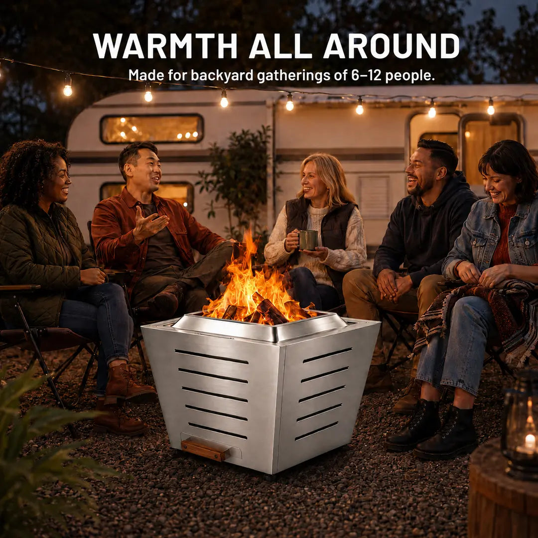Five adults gathered around the Legacy Heating 25-inch stainless steel slatted smokeless fire pit, highlighting warmth for backyard gatherings of 6–12 people.