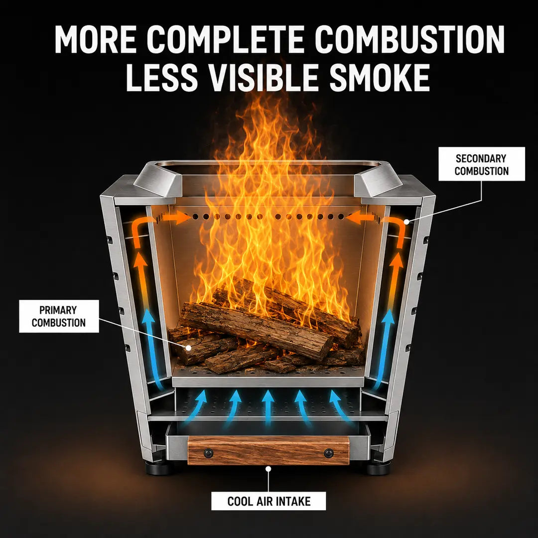 Cutaway airflow diagram of the Legacy Heating 25-inch stainless steel slatted smokeless fire pit showing cool air intake, primary combustion, and heated secondary combustion for less visible smoke.