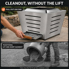 Comparison showing the pull-out ash pan on the Legacy Heating 25-inch stainless steel slatted smokeless fire pit versus lifting and tipping a traditional cylindrical fire pit to empty cooled ash.