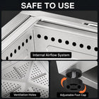 Legacy Heating 25-inch stainless steel slatted smokeless fire pit featuring an internal airflow system, ventilation holes, and adjustable foot caps.